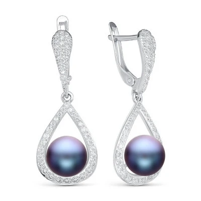 Серьги из серебра с черными речными жемчужинами 8,5-9 мм