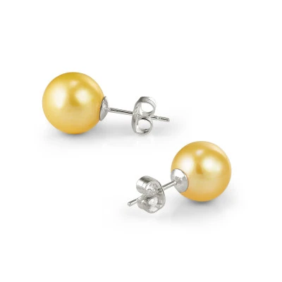 Пусеты из серебра 925 пробы с золотистыми речными жемчужинами 9,5-10 мм