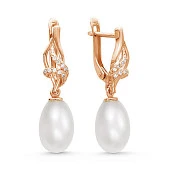 Серьги из красного золота с белыми речными жемчужинами 9-10 мм