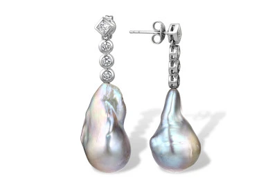 Серьги из серебра с серебристыми жемчужинами "барокко" 13-16 мм