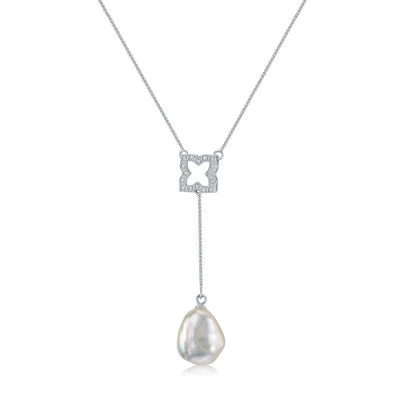 Колье из серебра 925 пробы с белой барочной речной жемчужиной 12-14 мм