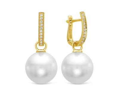 Серьги из желтого золота с белыми морскими Австралийскими жемчужинами 12-12,5 мм