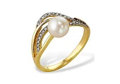 Кольцо из желтого золота с белой речной жемчужиной 7,5-8 мм