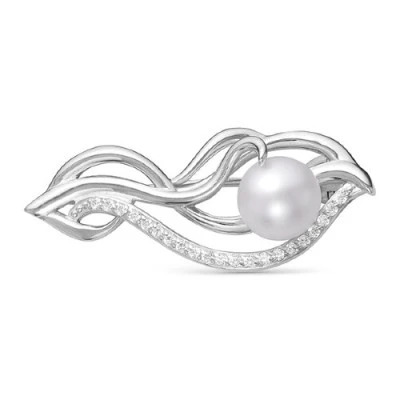 Брошь из серебра с белой речной жемчужиной 8,5-9 мм