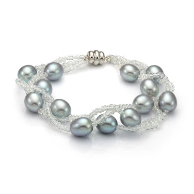 Браслет в 3 ряда из серого рисообразного речного жемчуга с бисером. Жемчужины 9-10 мм