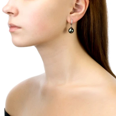 Серьги из серебра c черными морскими Таитянскими жемчужинами 9-9,5 мм