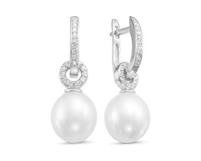 Серьги из серебра c белыми речными жемчужинами 9-10 мм