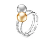 Кольцо "Дуэт" из белого золота c золотой и серебристой жемчужинами Акойя 7,5-8 мм