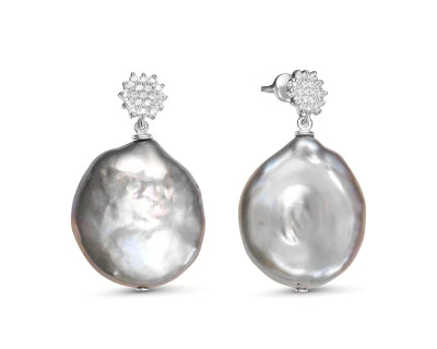 Серьги из серебра с серебристыми жемчужинами "Барокко" 21-27 мм