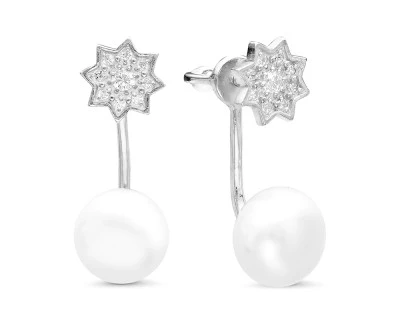 Пусеты "Диор" из серебра с белыми речными жемчужинами 8,5-9 мм