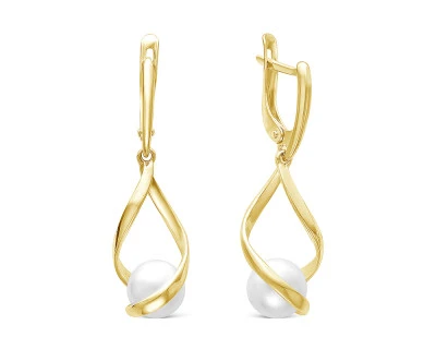 Серьги из желтого золота с белыми речными жемчужинами 8 мм