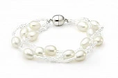 Браслет в 3 ряда из белого рисообразного речного жемчуга 7,5-8 мм с бисером