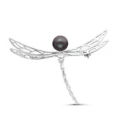 Брошь "Стрекоза" из серебра с черной речной жемчужиной 7,5-8 мм