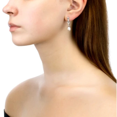 Серьги "Тюльпан" из серебра c белыми речными жемчужинами 7,5-8 мм