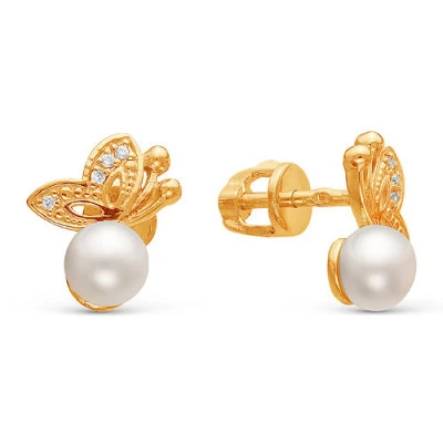 Серьги "Бабочки" из серебра c белыми речными жемчужинами 5,5-6 мм