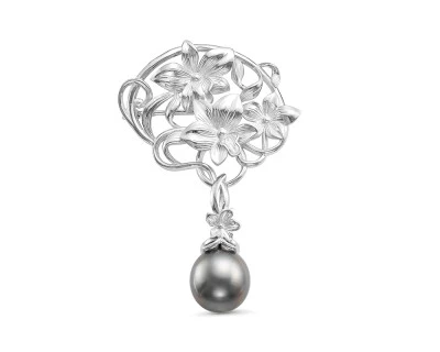 Брошь из серебра с черной Таитянской жемчужиной 11-11,5 мм