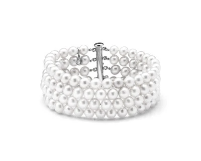 Браслет в 4 ряда из белого круглого речного жемчуга. Жемчужины 7-7,5 мм