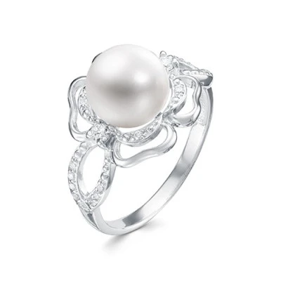 Кольцо "Роза" из серебра с белой речной жемчужиной 8,5-9 мм