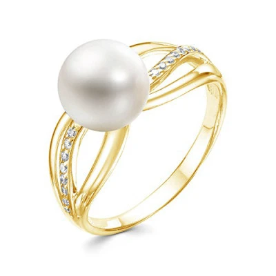 Кольцо из желтого золота с белой речной жемчужиной 8,5-9 мм