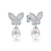 Серьги "Бабочки" из серебра c белыми речными жемчужинами 7,5-8 мм