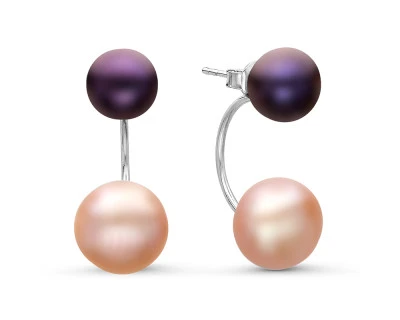 Пусеты "Диор" из серебра с черными и розовыми жемчужинами 7,5-10 мм