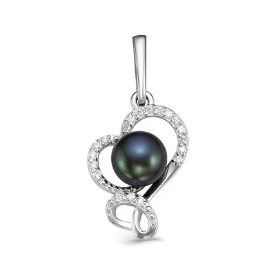 Кулон "Сердечко" из серебра с черной речной жемчужиной 7-7,5 мм