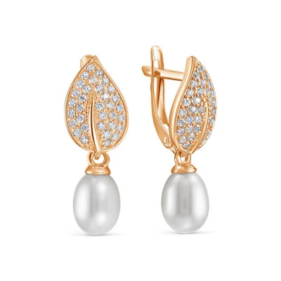 Серьги из красного золота с белыми речными жемчужинами 9-10 мм