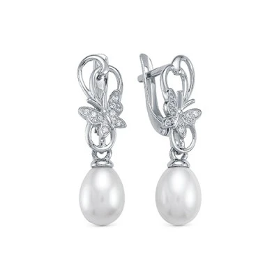Серьги "Бабочки" из серебра с белыми речными жемчужинами 7,5-8 мм