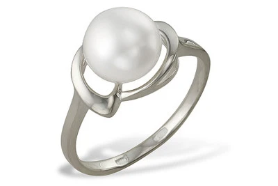 Кольцо из белого золота с белой речной жемчужиной 7-7,5 мм