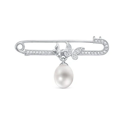 Брошь из серебра с белой речной жемчужиной "капля" 9-10 мм