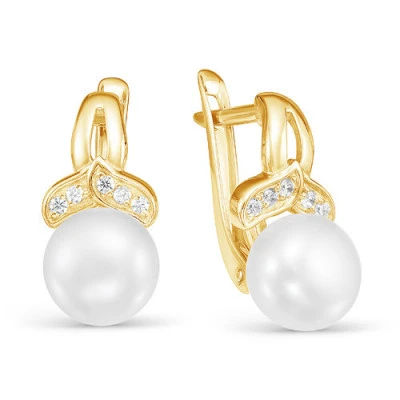 Серьги из желтого золота с белыми речными жемчужинами 8,5-9 мм