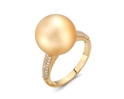 Кольцо из желтого золота с золотистой морской Австралийской жемчужиной 13-13,5 мм