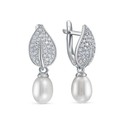 Серьги из белого золота с белыми речными жемчужинами 9-10 мм