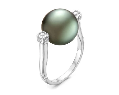 Кольцо "Роскошь" из белого золота с черной морской Таитянской жемчужиной 13-13,5 мм