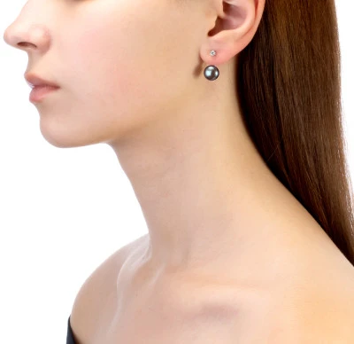 Пусеты "Диор" из серебра с черными речными жемчужинами 9,5-10 мм