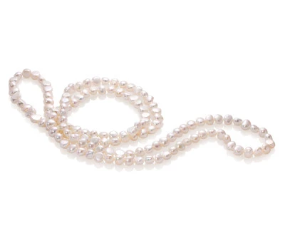 Длинные бусы из белого барочного речного жемчуга класса ААА. Жемчужины 9-10 мм