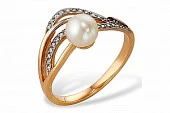 Кольцо из красного золота с белой речной жемчужиной 7-7,5 мм