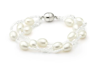 Браслет в 3 ряда из белого рисообразного речного жемчуга 7,5-8 мм с бисером