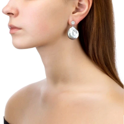 Серьги из серебра с серебристыми жемчужинами "Барокко" 21-27 мм