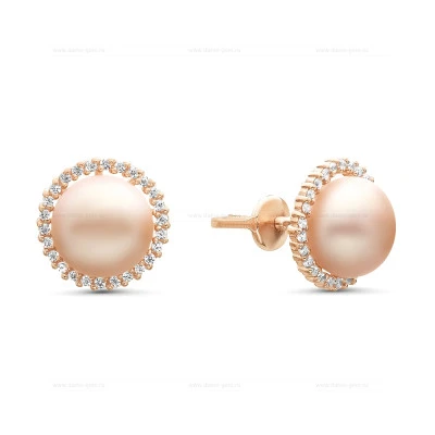 Серьги-гвоздики из серебра с розовыми речными жемчужинами 8,5-9 мм