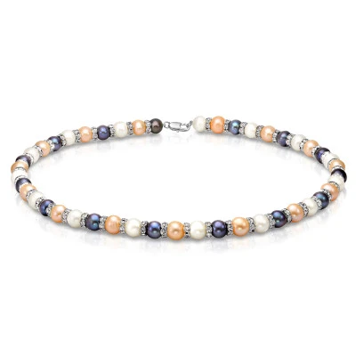 Ожерелье "микс" из круглого жемчуга со стразами класса ААА. Жемчужины 8,5-9,5 мм