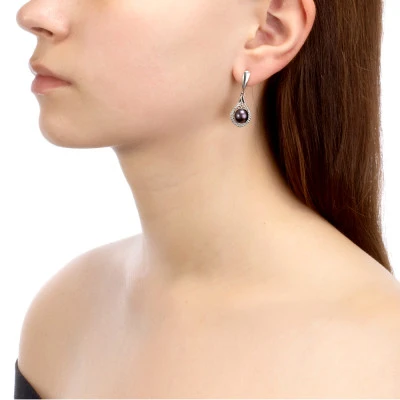 Серьги из серебра с черными речными жемчужинами 8,5-9 мм