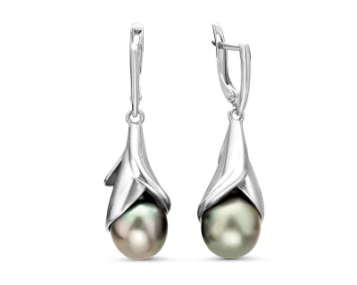 Серьги из серебра c черными морскими Таитянскими жемчужинами 9-10 мм