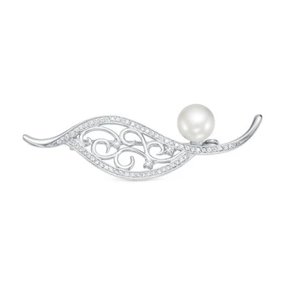 Брошь из серебра с белой речной жемчужиной 9,5-10 мм