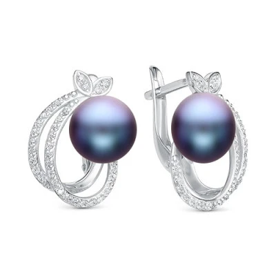 Серьги из серебра с черными речными жемчужинами 8,5-9 мм