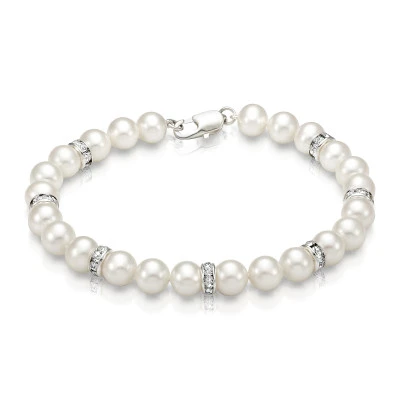 Браслет из белого речного круглого жемчуга со стразами. Жемчужины 7,5-8,5 мм