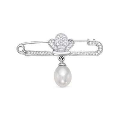 Брошь из серебра с белой речной жемчужиной 9-10 мм