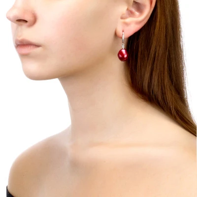 Серьги из серебра с красными речными жемчужинами "Барокко" 11-12 мм