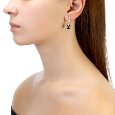 Серьги из серебра с черными речными жемчужинами 7,5-8 мм