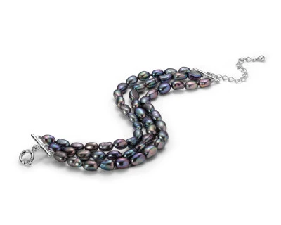 Браслет в 3 ряда из черного барочного речного жемчуга класса ААА. Жемчужины 6,5-7 мм